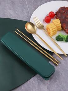 Set palillos de tenedor de cuchara portátil de acero inoxidable de tres piezas de cubiertos - Dorado - Ver 3