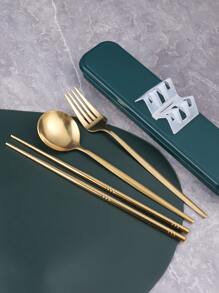 Set palillos de tenedor de cuchara portátil de acero inoxidable de tres piezas de cubiertos - Dorado - Ver 4