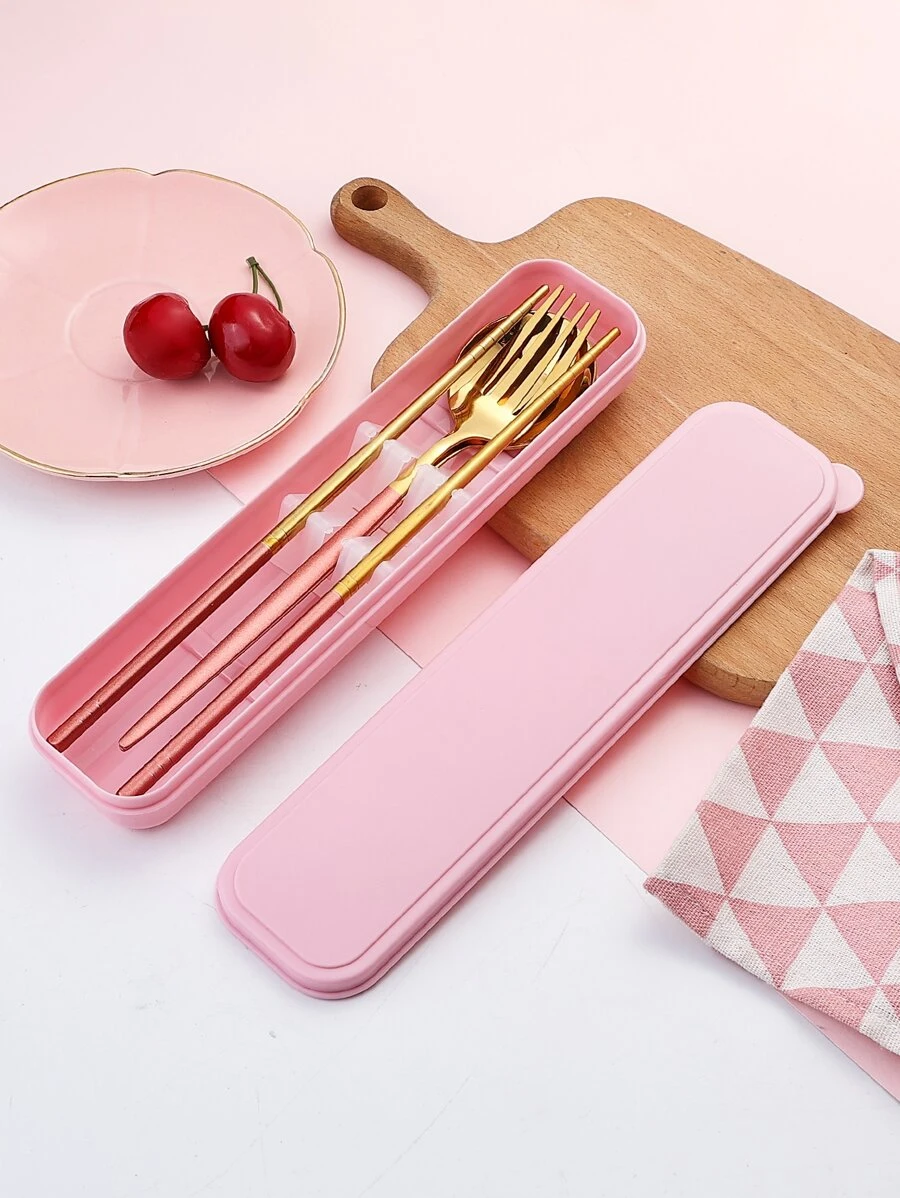 1set Stainless Steel Chopsticks & Spoon & Fork & Storage Box - Pink - View 1