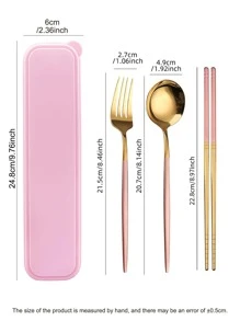 1set Stainless Steel Chopsticks & Spoon & Fork & Storage Box - Pink - View 2