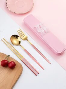 1set Stainless Steel Chopsticks & Spoon & Fork & Storage Box - Pink - View 3