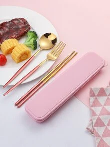 1set Stainless Steel Chopsticks & Spoon & Fork & Storage Box - Pink - View 4