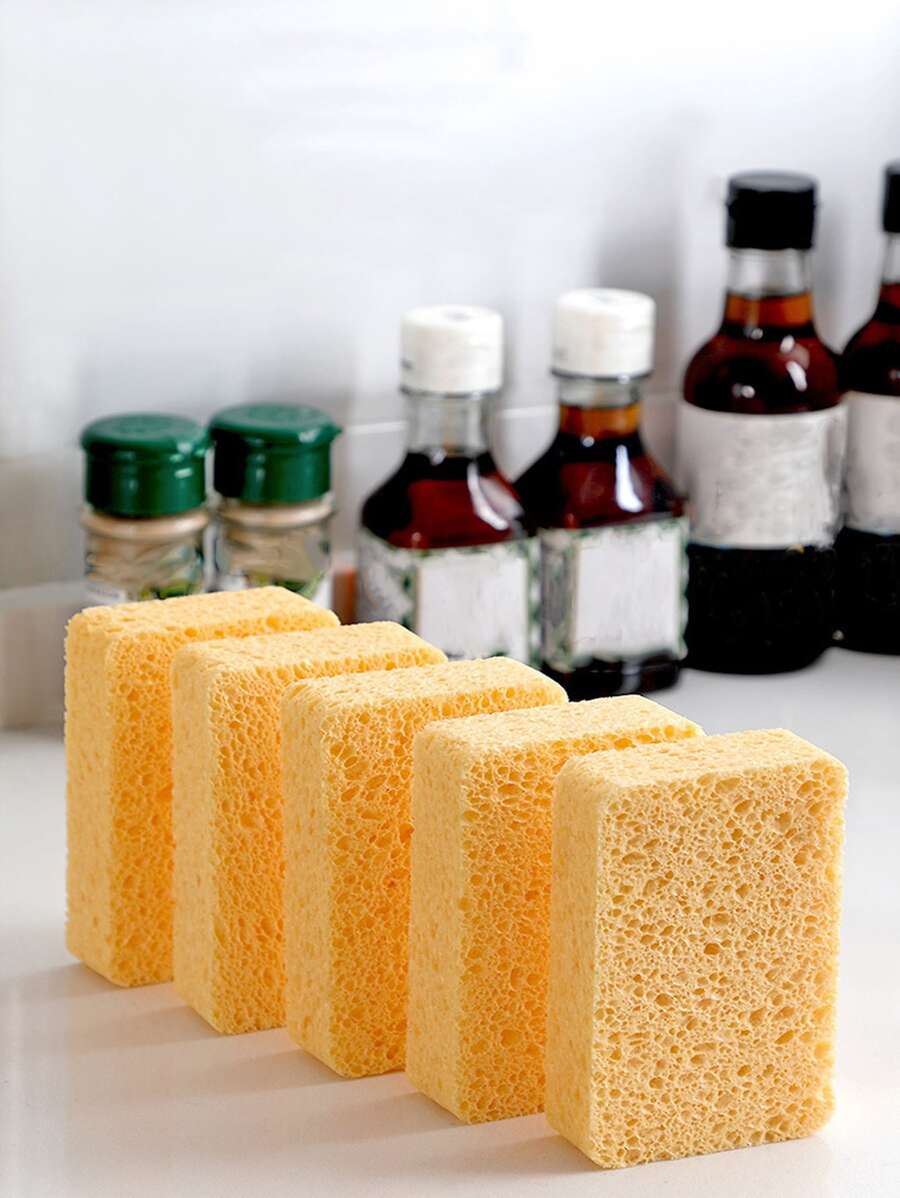 Esponja de limpieza de mezcla absorbente de 5 piezas, Kit de estropajo doméstico minimalista amarillo rectangular para cocina - Amarillo - Ver 1