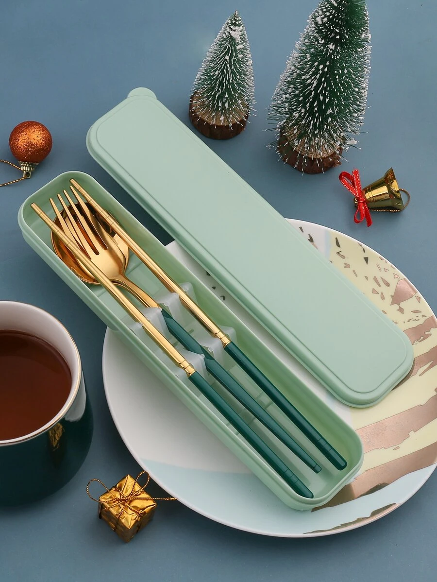 3pcs Portable Stainless Steel Flatware Set With Box, Daily Green Tableware Suit For Home - Green - View 1