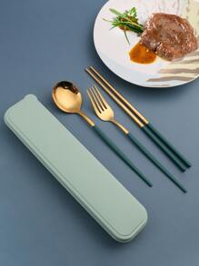 3pcs Portable Stainless Steel Flatware Set With Box, Daily Green Tableware Suit For Home - Green - View 3