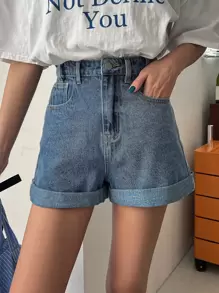 FRIFUL 女性翻邊牛仔短褲 - 中等水洗藍 - 查看 1