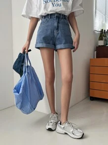 FRIFUL 女性翻邊牛仔短褲 - 中等水洗藍 - 查看 3