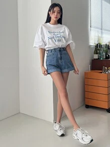 FRIFUL 女性翻邊牛仔短褲 - 中等水洗藍 - 查看 4