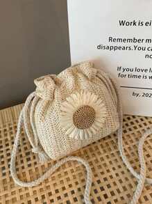 Mini Flower Decor Drawstring Design Straw Bag - Beige - View 1