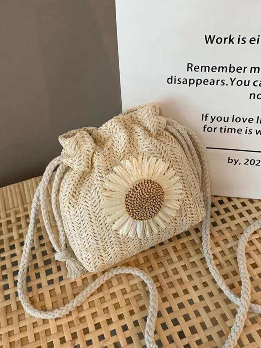 Mini Flower Decor Drawstring Design Straw Bag - Beige - View 1