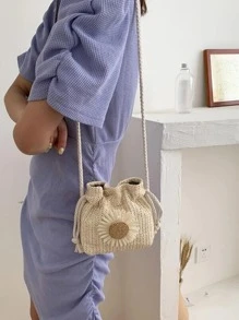 Mini Flower Decor Drawstring Design Straw Bag - Beige - View 2