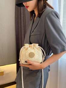 Mini Flower Decor Drawstring Design Straw Bag - Beige - View 3