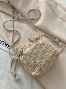 Mini Flower Decor Drawstring Design Straw Bag - Beige - View 4