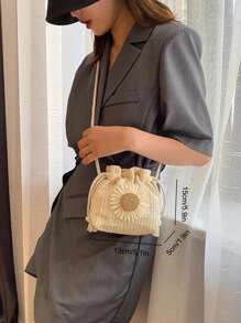 Mini Flower Decor Drawstring Design Straw Bag - Beige - View 7