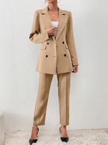 Chiquease 雙排釦翻蓋細節西裝外套和斜口袋西裝褲 - 卡其色 - 查看 3