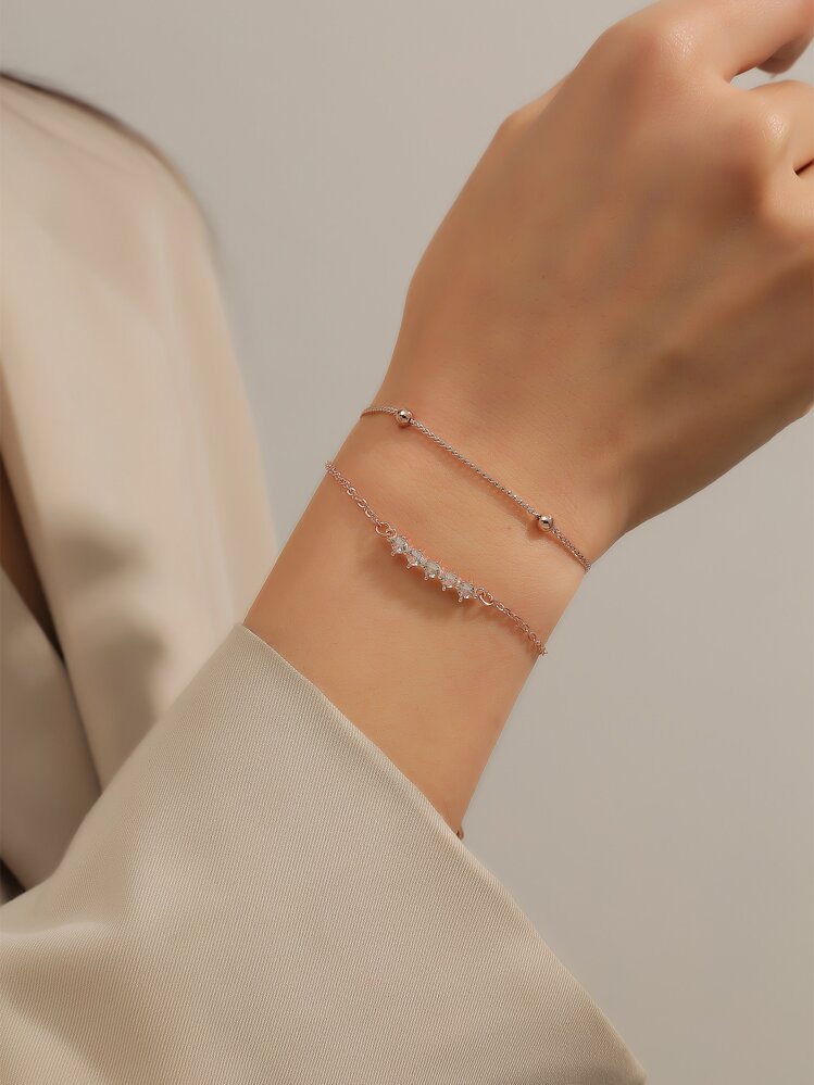 2入組/套方晶鋯石和珠子裝飾手環適合女士適合派對宴會婚禮 - 玫瑰金 - 查看 4