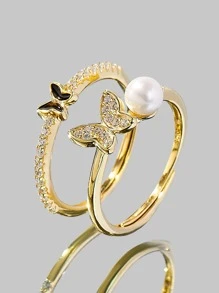 2pcs/set Cubic Zirconia Butterfly Decor Silver Ring - Multicolor - View 1