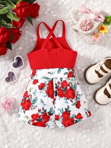 嬰兒印花腰帶吊帶連體短褲 - 紅白色 - 查看 2