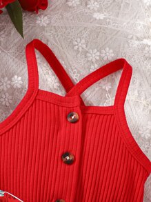 嬰兒印花腰帶吊帶連體短褲 - 紅白色 - 查看 3