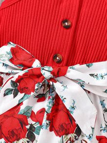 嬰兒印花腰帶吊帶連體短褲 - 紅白色 - 查看 4