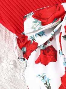 嬰兒印花腰帶吊帶連體短褲 - 紅白色 - 查看 5