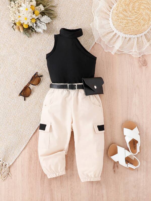 Baby Girl Solid Halter Tee & Flap Pocket Side Cargo Pants Without Belt