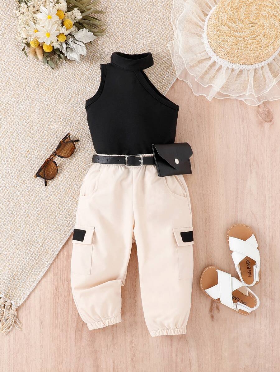 嬰兒女孩實色頸帶背心上衣和沒有腰帶的掀蓋口袋側面貨物褲 - 彩色 - 查看 1