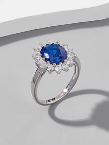 Cubic Zirconia Decor Silver Ring - Blue - View 1