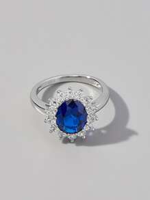 Cubic Zirconia Decor Silver Ring - Blue - View 4