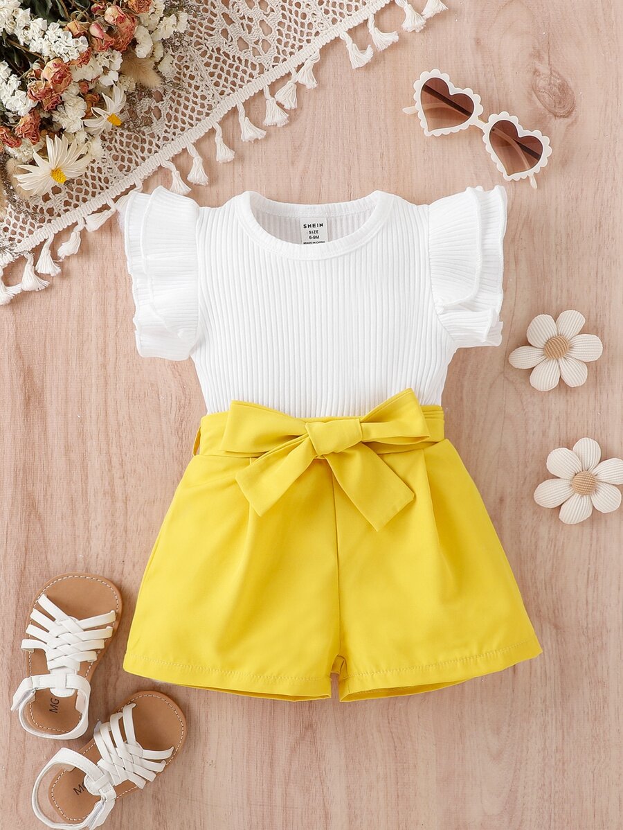 Baby Ribbed Knit Ruffle Trim Tee & Shorts - Multicolor - View 1