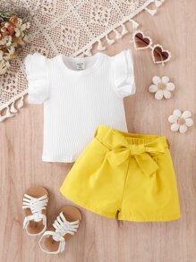 Baby Ribbed Knit Ruffle Trim Tee & Shorts - Multicolor - View 3