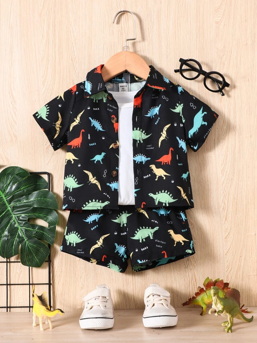 SHEIN Đứa bé trai In Khủng long Áo sơ mi & Quần short Without Tee - màu đen - Xem 1