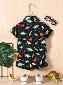 SHEIN Đứa bé trai In Khủng long Áo sơ mi & Quần short Without Tee - màu đen - Xem 2
