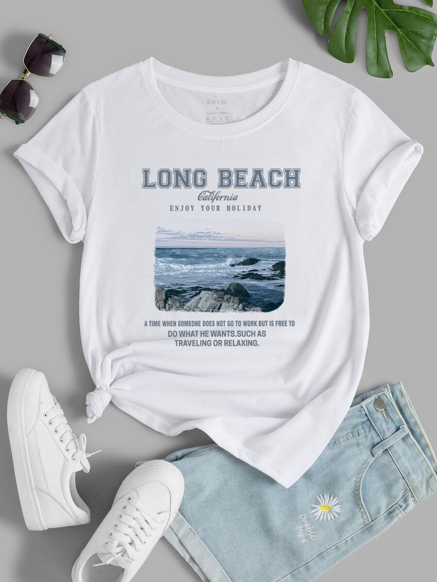 SHEIN EZwear Sea & Slogan Graphic Tee - White - View 1