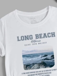 SHEIN EZwear Sea & Slogan Graphic Tee - White - View 3