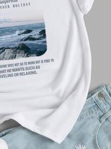 SHEIN EZwear Sea & Slogan Graphic Tee - White - View 4