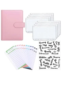 1pc A6 Plain Color Loose-leaf Cover With 8pcs Zipper Loose-leaf Bag & 2pcs Sticker & 12pcs Budget Table Paper - Multicolor - View 2