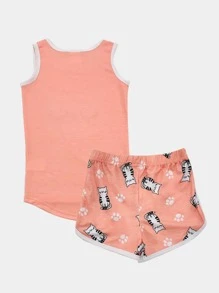 Girls Cartoon Graphic Contrast Binding Snug Fit PJ Set - Baby Pink - View 2