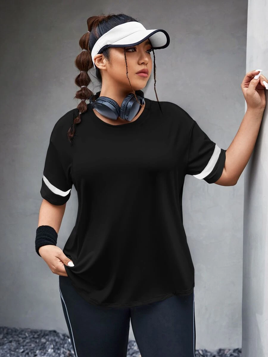Easithlete Plus Size Reflective Tape Drop Shoulder Sports Tee Gym Women Shirts - Black - View 1