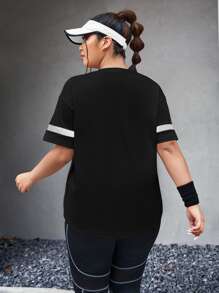 Easithlete Plus Size Reflective Tape Drop Shoulder Sports Tee Gym Women Shirts - Black - View 2