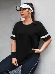 Easithlete Plus Size Reflective Tape Drop Shoulder Sports Tee Gym Women Shirts - Black - View 3