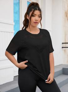 SHEIN Sports Plus Hollow Out Drop Shoulder Sports Tee - Black - View 1