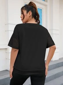 SHEIN Sports Plus Hollow Out Drop Shoulder Sports Tee - Black - View 2