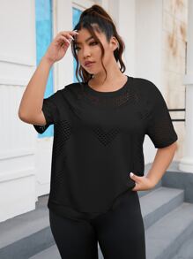 SHEIN Sports Plus Hollow Out Drop Shoulder Sports Tee - Black - View 4