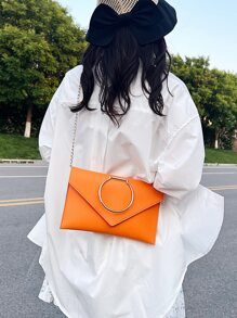 Neon Orange Flap Chain Envelope Bag - Orange - View 2