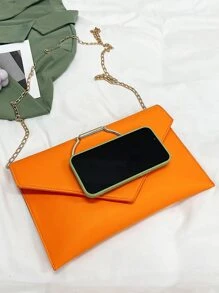 Neon Orange Flap Chain Envelope Bag - Orange - View 7