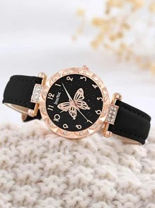 inschic inschic 1入組蝴蝶圖案錶盤石英表和5入組手環 - 黑色 - 查看 2