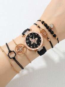 inschic inschic 1入組蝴蝶圖案錶盤石英表和5入組手環 - 黑色 - 查看 4