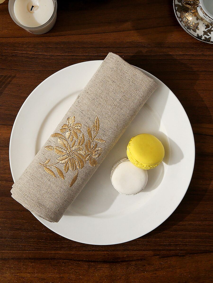 1 pieza Servilleta cuadrada decorativa de tela de lino con bordado floral, artesanía de bordado de alta calidad, adecuada para cocina, mesa de comedor, escritorio, tocador, decoración del hogar, sala de estar, dormitorio, patio, interior/exterior, campamento, villa, fiestas, reuniones, gabinetes, comedor, fiestas, decoraciones de boda - Dorado - Ver 1