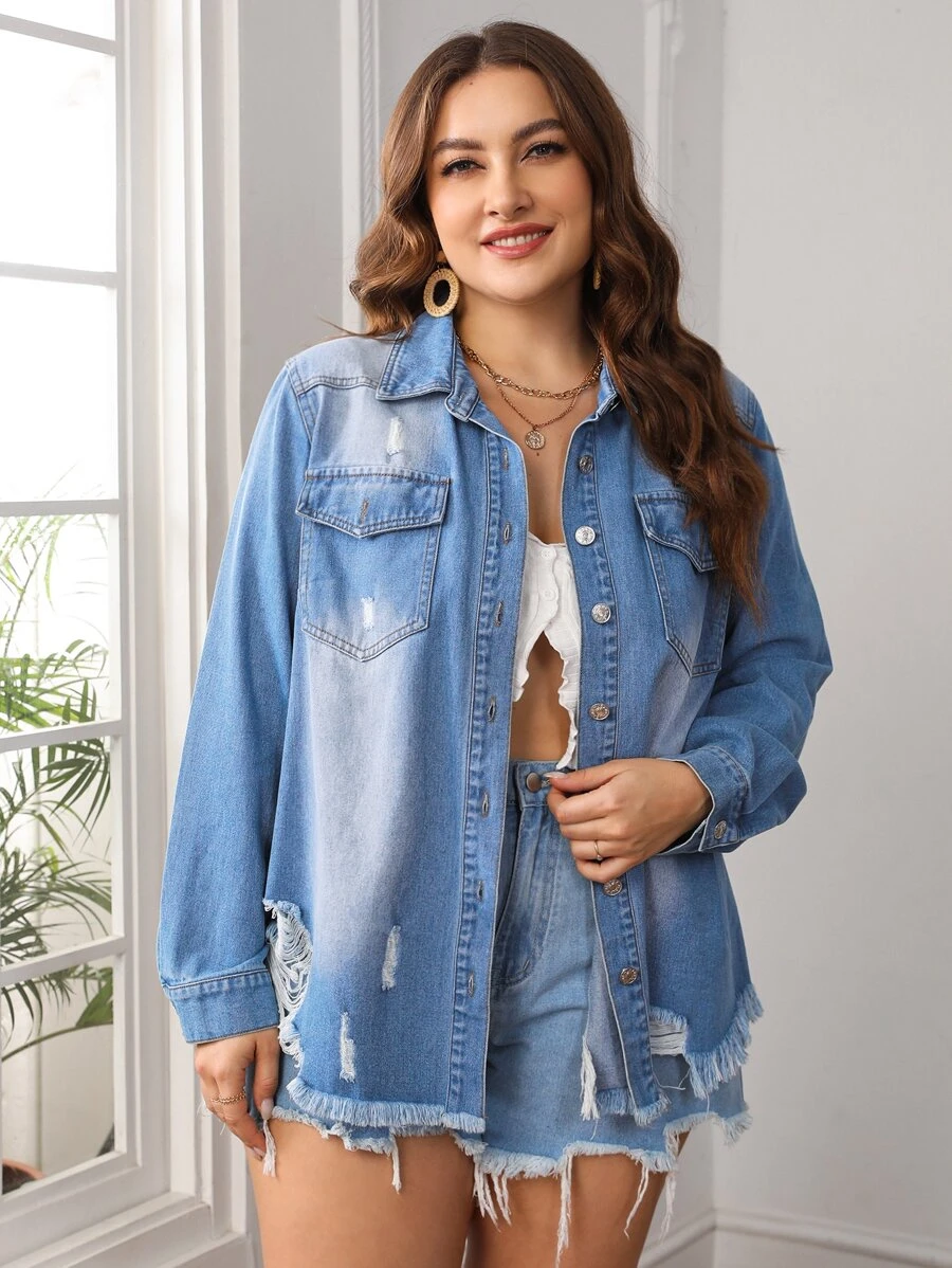 SHEIN Frenchy Plus Ripped Raw Cut Flap Pocket Denim Shirt - Light Wash - View 1